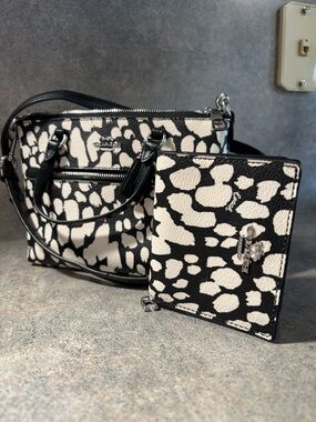 Coach Black & White Printed Small Satchel with Matching Wallet Set